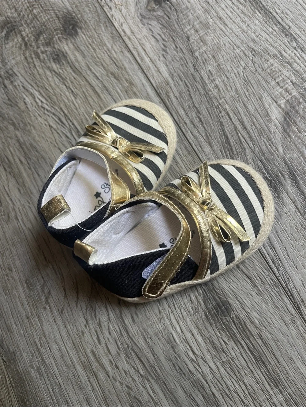 Gold-Accent Black & White Striped baby shoe 3-6 months